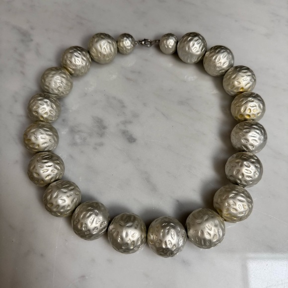 Vintage Textured Silver Round Bead Single Strand Chunky Necklace Lobster Clasp - Picture 1 of 8